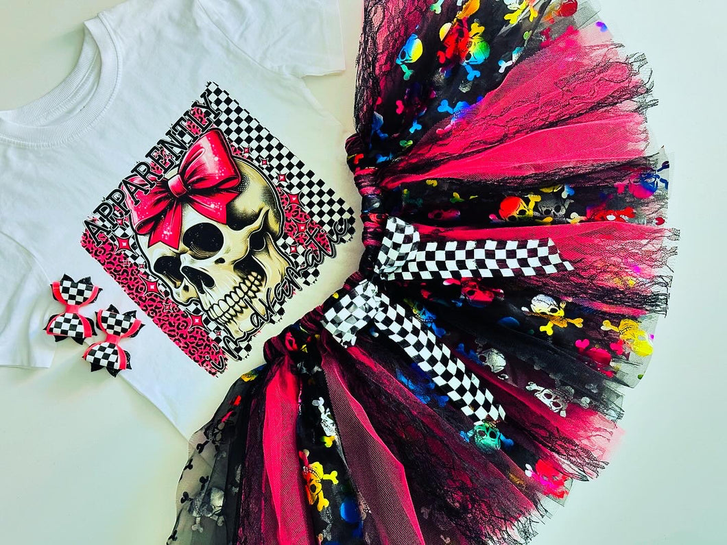 Skull tutu, skull tee, pink check piggy bows