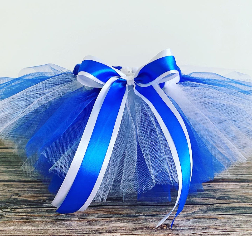 Blue and white short tutu and two piggy’s