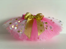 Load image into Gallery viewer, “MADELYN” bubblegum pink, white &amp; gold spots short children’s tutu
